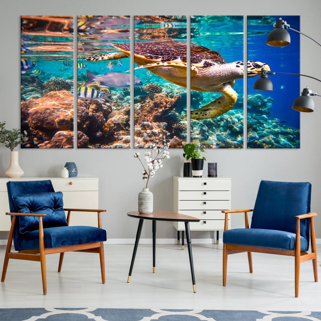 Sea Turtle Underwater Canvas Wall Art Print, Vibrant Ocean Scene with Coral Reef and Marine Life, Large Turtle Wall Art for Living Room Decor