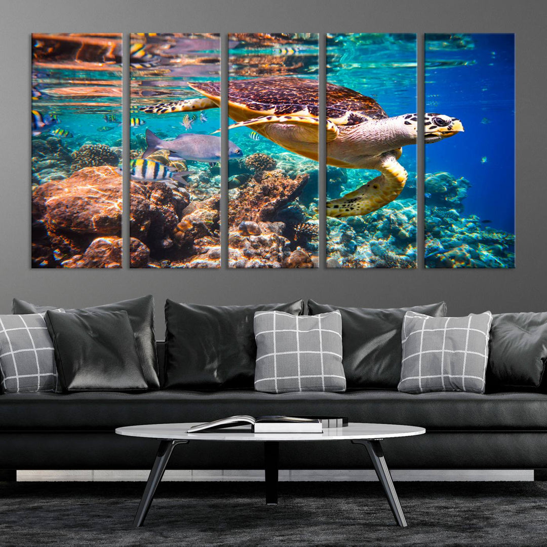 Sea Turtle Underwater Canvas Wall Art Print, Vibrant Ocean Scene with Coral Reef and Marine Life, Large Turtle Wall Art for Living Room Decor