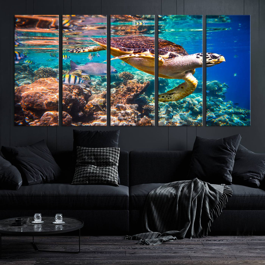 Sea Turtle Underwater Canvas Wall Art Print, Vibrant Ocean Scene with Coral Reef and Marine Life, Large Turtle Wall Art for Living Room Decor