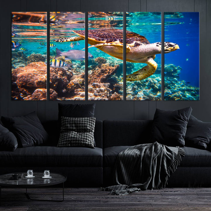 Sea Turtle Underwater Canvas Wall Art Print, Vibrant Ocean Scene with Coral Reef and Marine Life, Large Turtle Wall Art for Living Room Decor