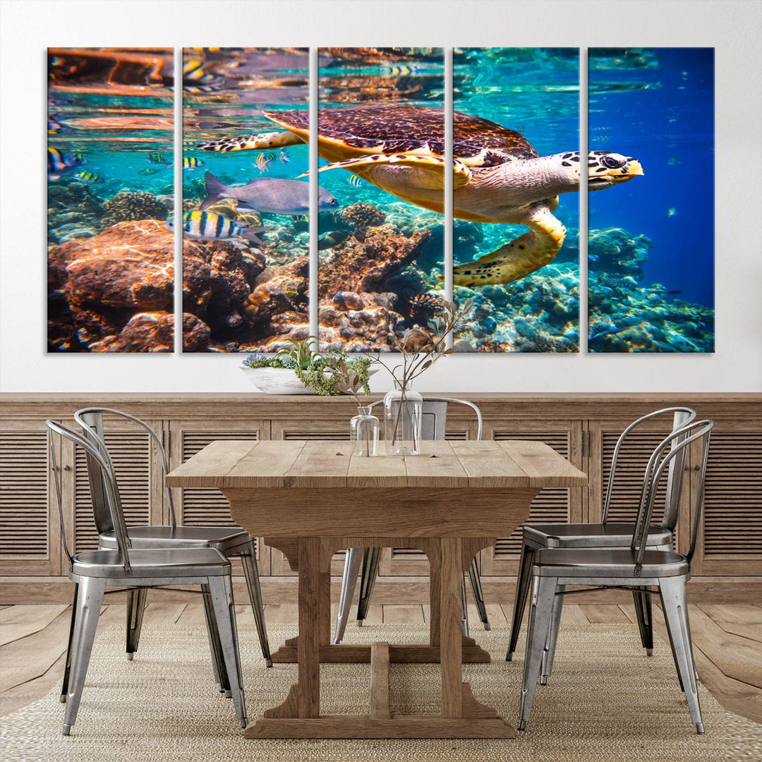 Sea Turtle Underwater Canvas Wall Art Print, Vibrant Ocean Scene with Coral Reef and Marine Life, Large Turtle Wall Art for Living Room Decor