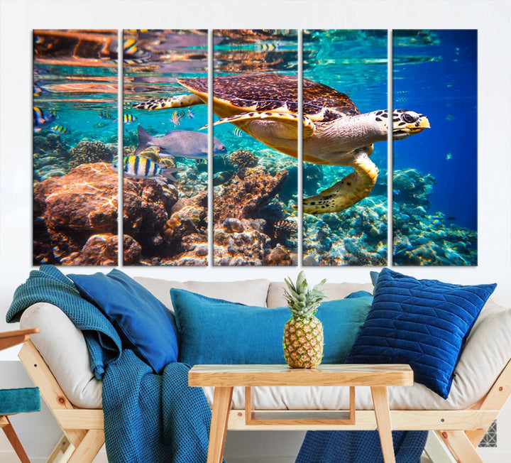 Sea Turtle Underwater Canvas Wall Art Print, Vibrant Ocean Scene with Coral Reef and Marine Life, Large Turtle Wall Art for Living Room Decor