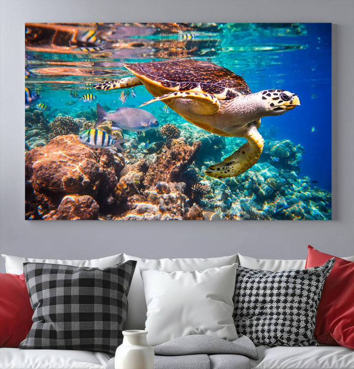 Sea Turtle Underwater Canvas Wall Art Print, Vibrant Ocean Scene with Coral Reef and Marine Life, Large Turtle Wall Art for Living Room Decor