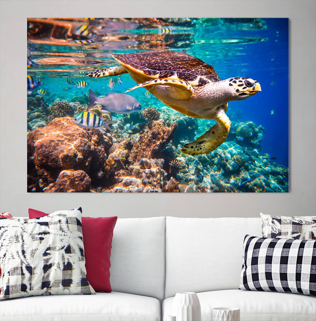 Sea Turtle Underwater Canvas Wall Art Print, Vibrant Ocean Scene with Coral Reef and Marine Life, Large Turtle Wall Art for Living Room Decor