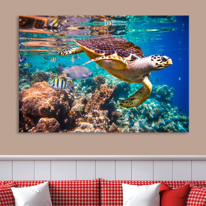 Sea Turtle Underwater Canvas Wall Art Print, Vibrant Ocean Scene with Coral Reef and Marine Life, Large Turtle Wall Art for Living Room Decor