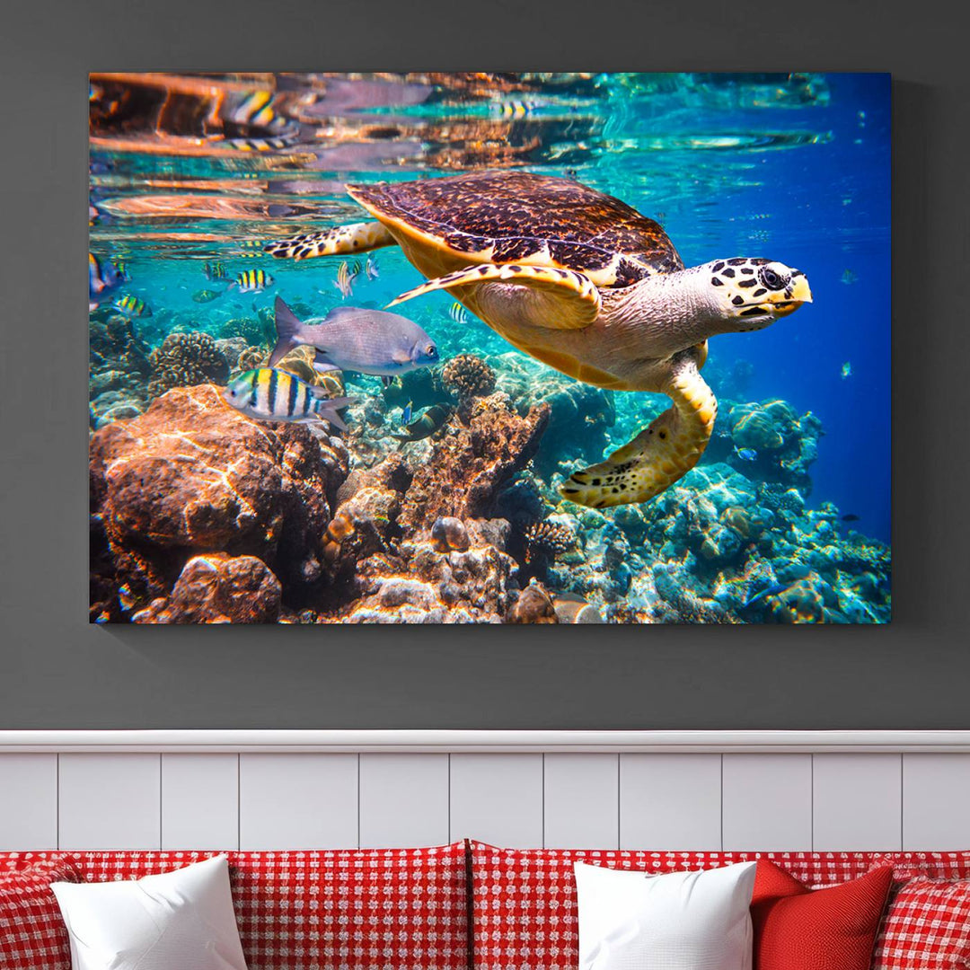 Sea Turtle Underwater Canvas Wall Art Print, Vibrant Ocean Scene with Coral Reef and Marine Life, Large Turtle Wall Art for Living Room Decor