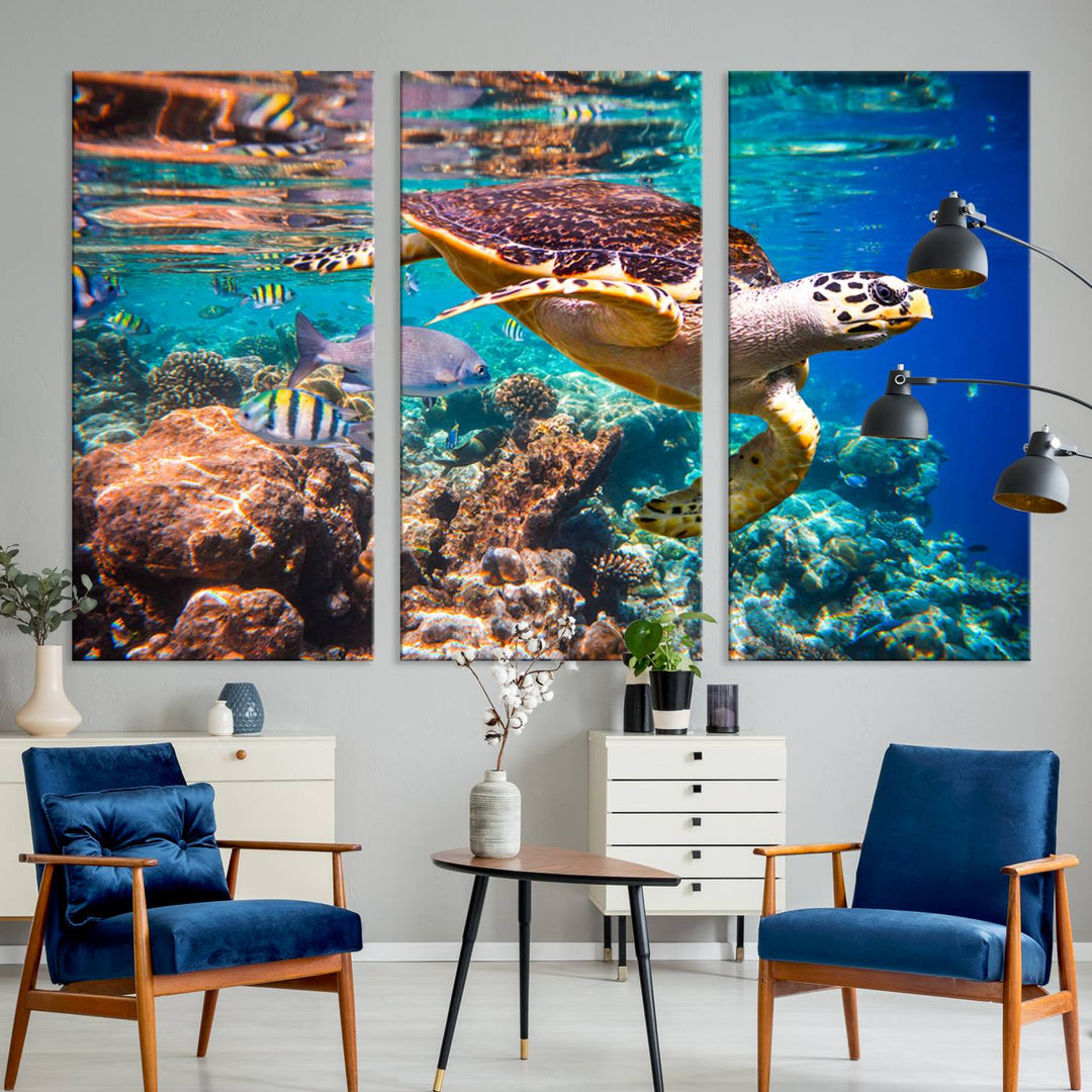 Sea Turtle Underwater Canvas Wall Art Print, Vibrant Ocean Scene with Coral Reef and Marine Life, Large Turtle Wall Art for Living Room Decor