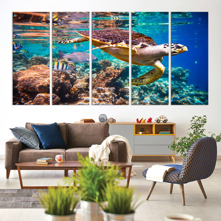 Sea Turtle Underwater Canvas Wall Art Print, Vibrant Ocean Scene with Coral Reef and Marine Life, Large Turtle Wall Art for Living Room Decor