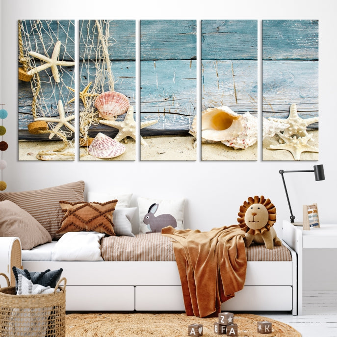 Seashells on Rustic Wooden Background Giclee Canvas Extra Large Wall Art Print