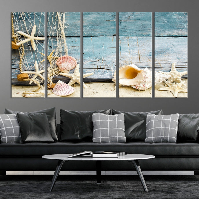 Seashells on Rustic Wooden Background Giclee Canvas Extra Large Wall Art Print