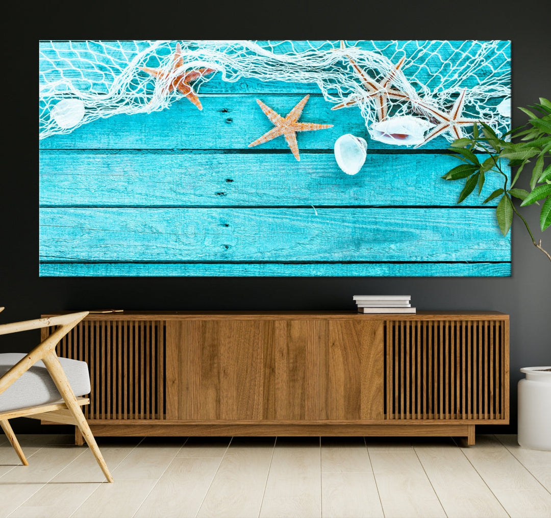 Seashells Starfish on Light Blue Wood Background Canvas Wall Art Nautical Giclee Print