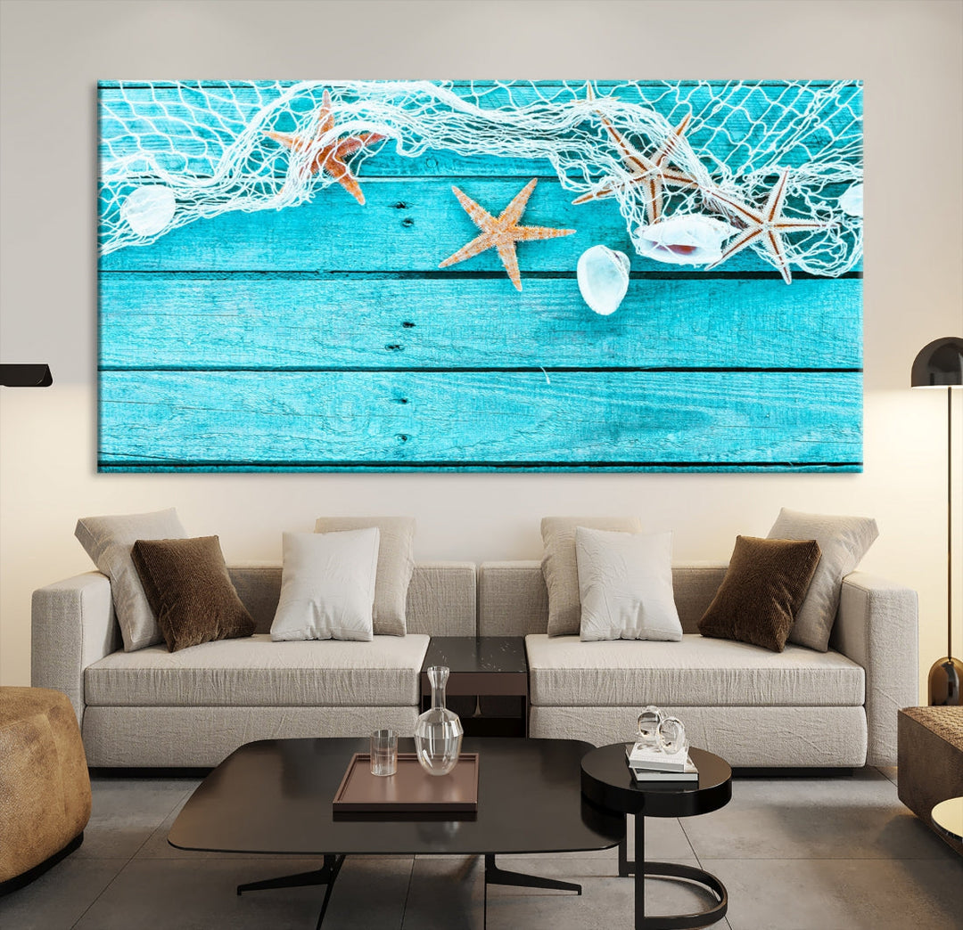 Seashells Starfish on Light Blue Wood Background Canvas Wall Art Nautical Giclee Print