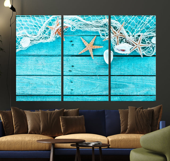 Seashells Starfish on Light Blue Wood Background Canvas Wall Art Nautical Giclee Print