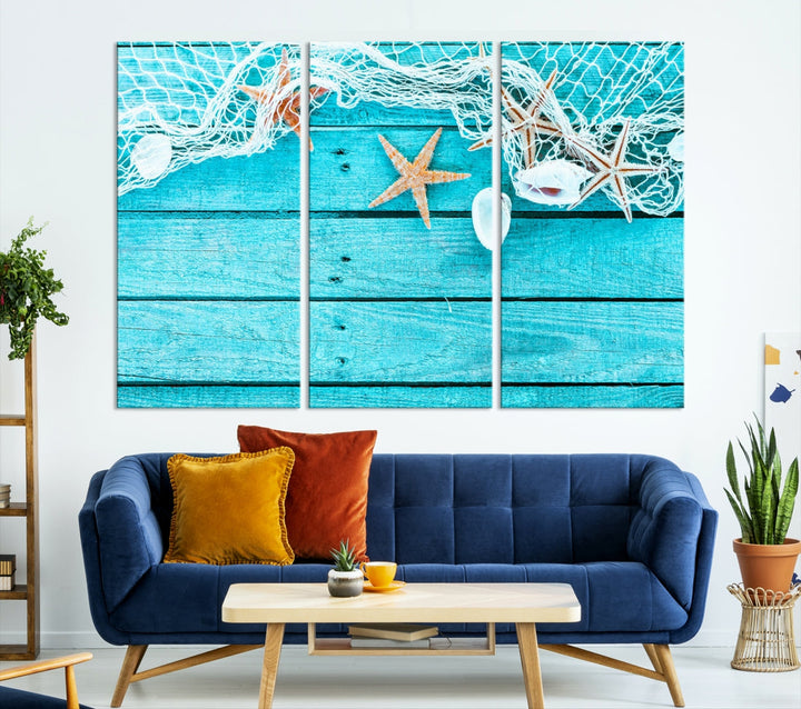 Seashells Starfish on Light Blue Wood Background Canvas Wall Art Nautical Giclee Print