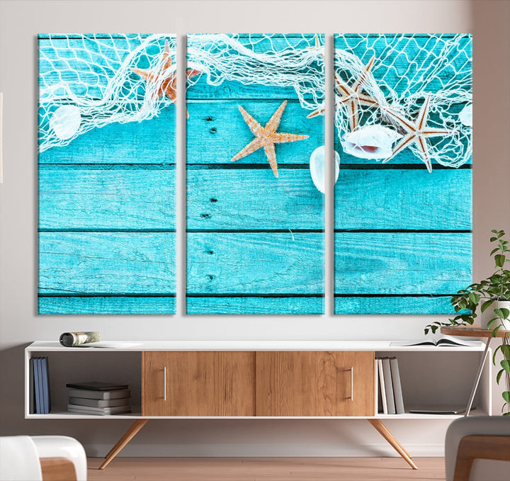 Seashells Starfish on Light Blue Wood Background Canvas Wall Art Nautical Giclee Print