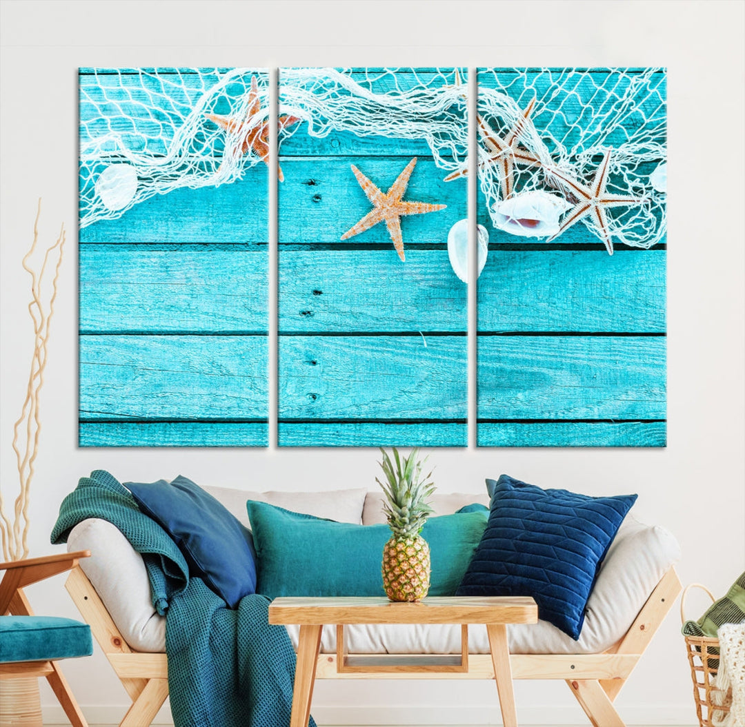 Seashells Starfish on Light Blue Wood Background Canvas Wall Art Nautical Giclee Print