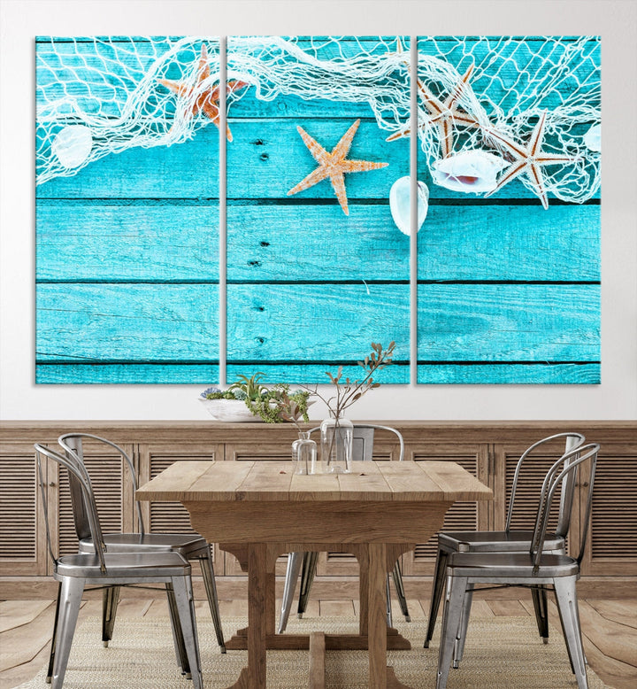 Seashells Starfish on Light Blue Wood Background Canvas Wall Art Nautical Giclee Print