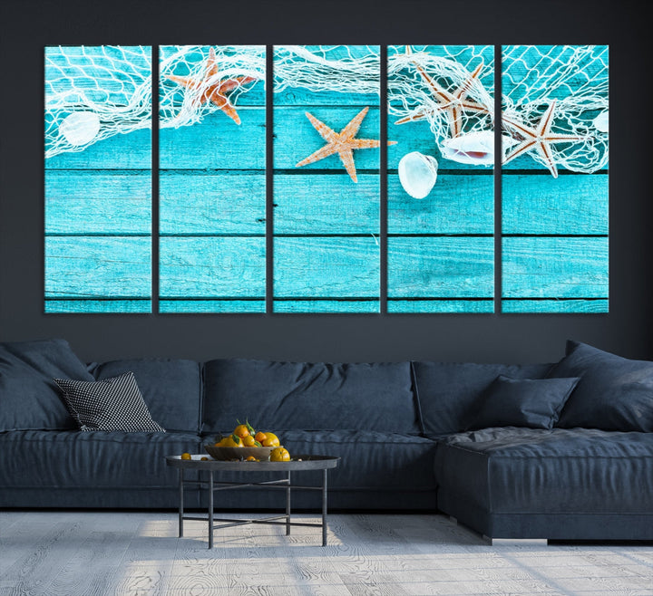 Seashells Starfish on Light Blue Wood Background Canvas Wall Art Nautical Giclee Print