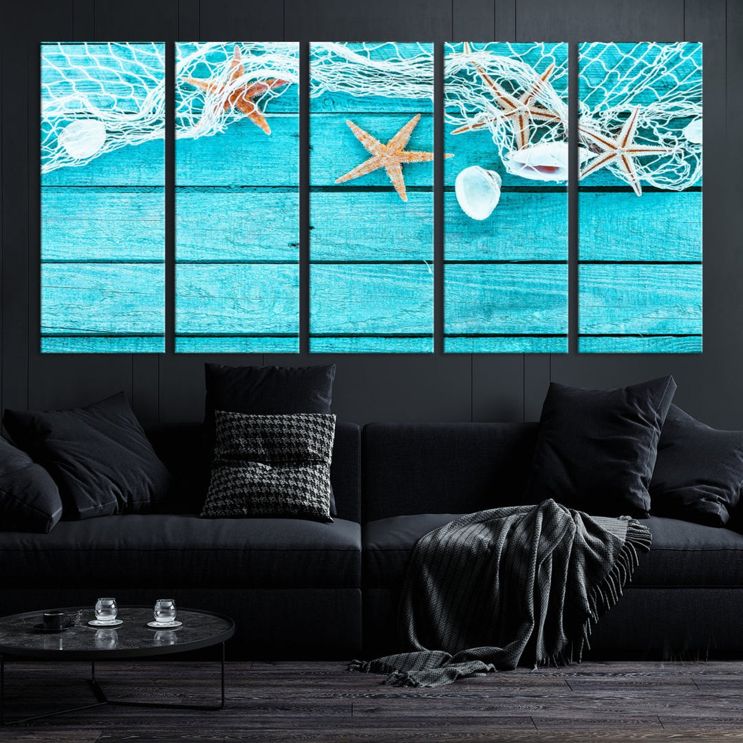 Seashells Starfish on Light Blue Wood Background Canvas Wall Art Nautical Giclee Print