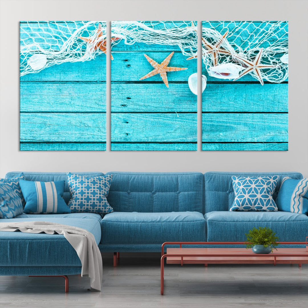 Seashells Starfish on Light Blue Wood Background Canvas Wall Art Nautical Giclee Print