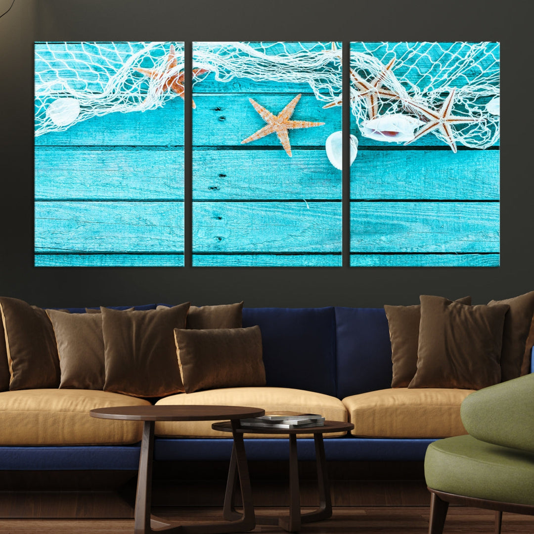 Seashells Starfish on Light Blue Wood Background Canvas Wall Art Nautical Giclee Print