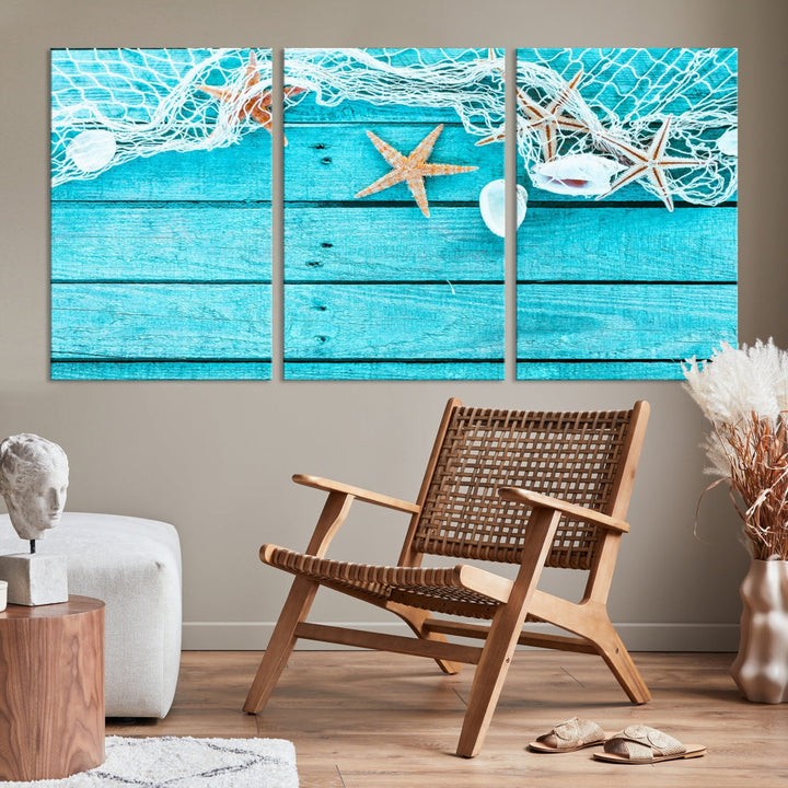 Seashells Starfish on Light Blue Wood Background Canvas Wall Art Nautical Giclee Print