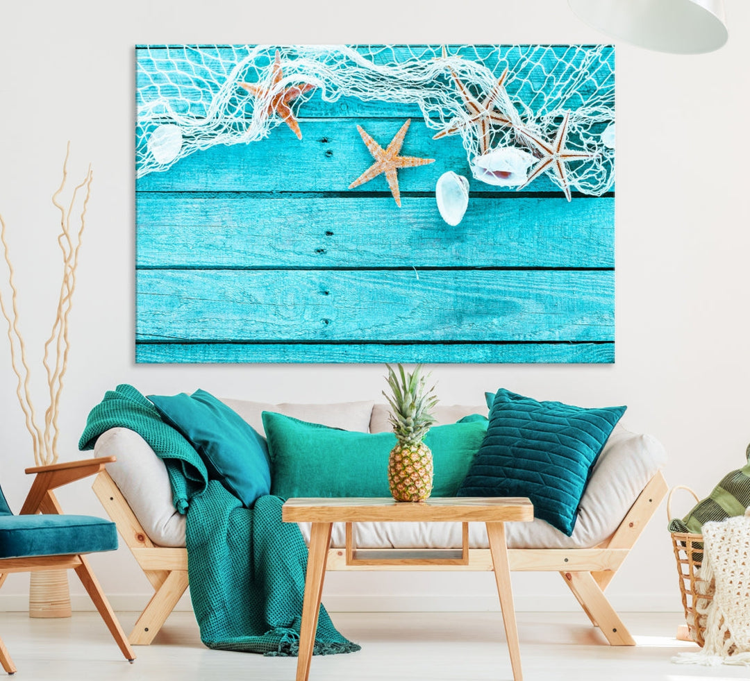 Seashells Starfish on Light Blue Wood Background Canvas Wall Art Nautical Giclee Print