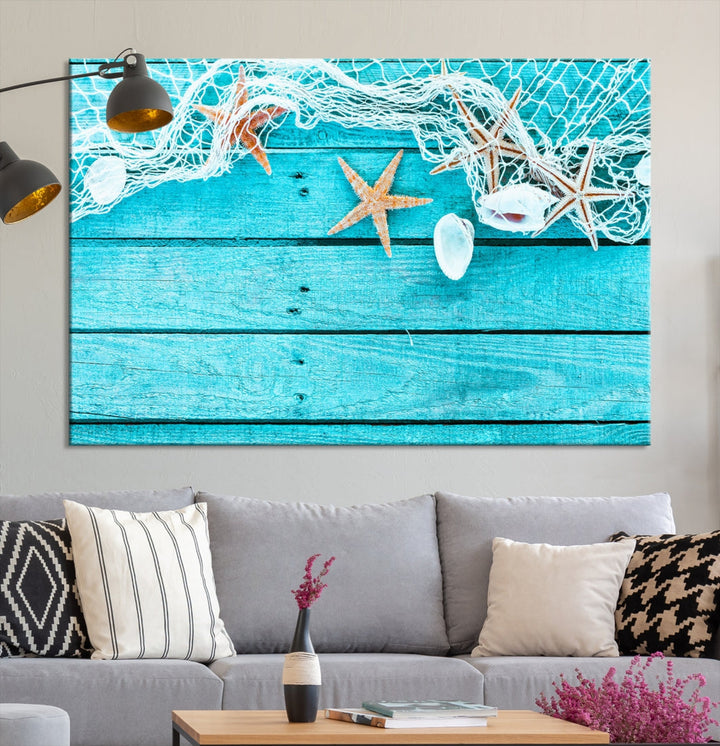 Seashells Starfish on Light Blue Wood Background Canvas Wall Art Nautical Giclee Print