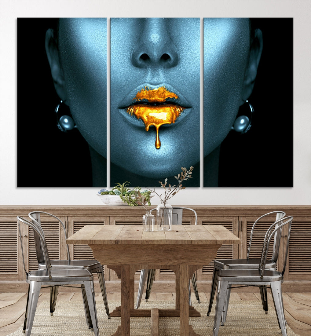 Sensual Photography Gold Glitter Lips Large Wall Art Canvas Print for Bedroom