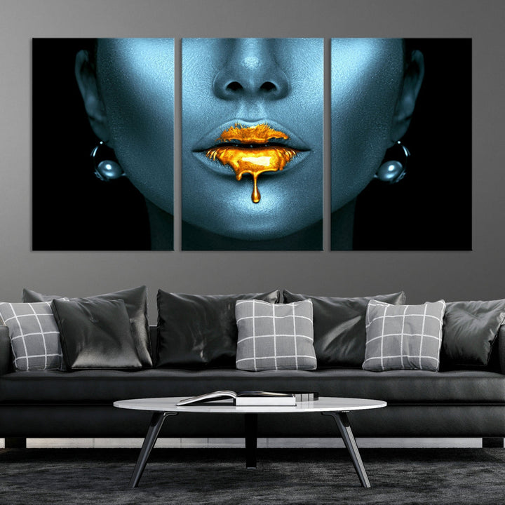 Sensual Photography Gold Glitter Lips Large Wall Art Canvas Print for Bedroom