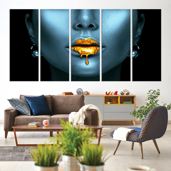 Sensual Photography Gold Glitter Lips Large Wall Art Canvas Print for Bedroom