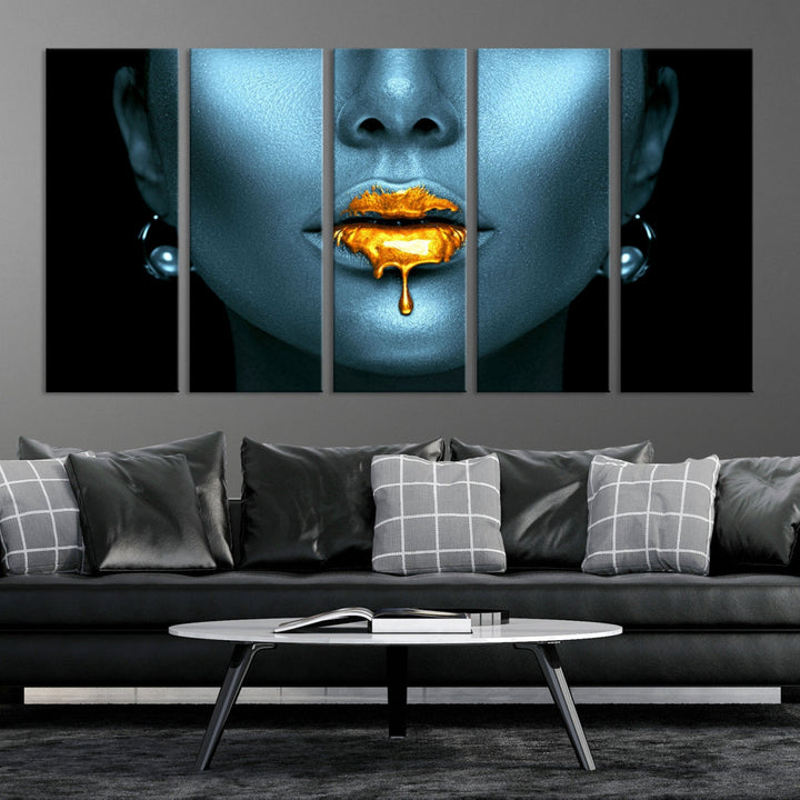 Sensual Photography Gold Glitter Lips Large Wall Art Canvas Print for Bedroom