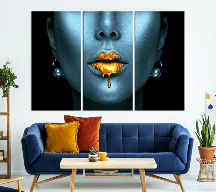 Sensual Photography Gold Glitter Lips Large Wall Art Canvas Print for Bedroom