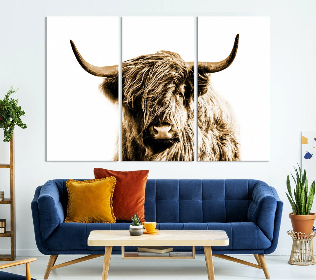 Sephia Highland Cow Canvas Wall Art Farmhouse Decor Cow Black White Print Rustic Wall Decor Animals Painting Scottish Cow Wall Art