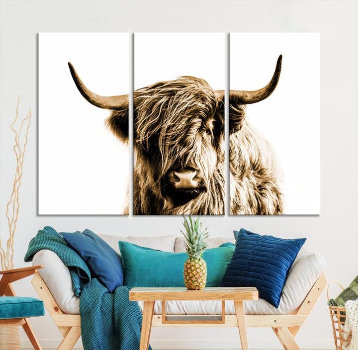 Sephia Highland Cow Canvas Wall Art Farmhouse Decor Cow Black White Print Rustic Wall Decor Animals Painting Scottish Cow Wall Art