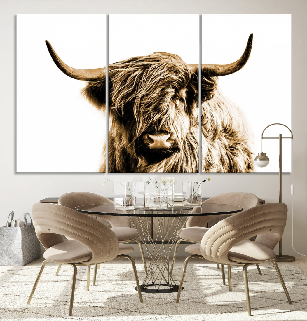 Sephia Highland Cow Canvas Wall Art Farmhouse Decor Cow Black White Print Rustic Wall Decor Animals Painting Scottish Cow Wall Art