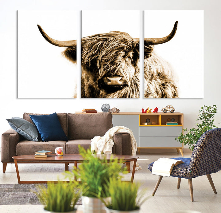 Sephia Highland Cow Canvas Wall Art Farmhouse Decor Cow Black White Print Rustic Wall Decor Animals Painting Scottish Cow Wall Art