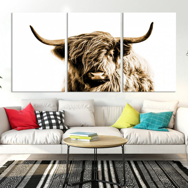 Sephia Highland Cow Canvas Wall Art Farmhouse Decor Cow Black White Print Rustic Wall Decor Animals Painting Scottish Cow Wall Art