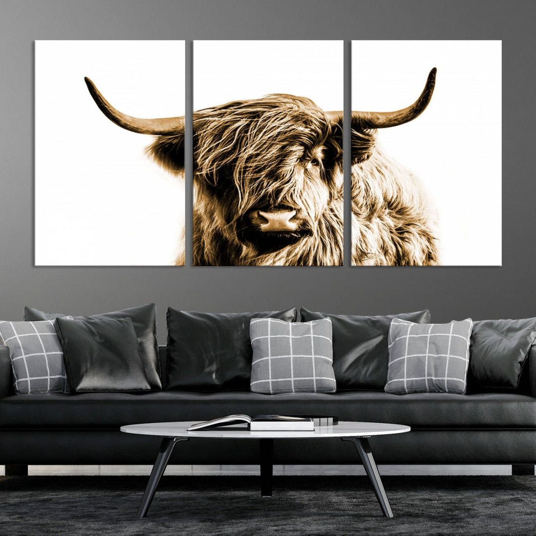 Sephia Highland Cow Canvas Wall Art Farmhouse Decor Cow Black White Print Rustic Wall Decor Animals Painting Scottish Cow Wall Art