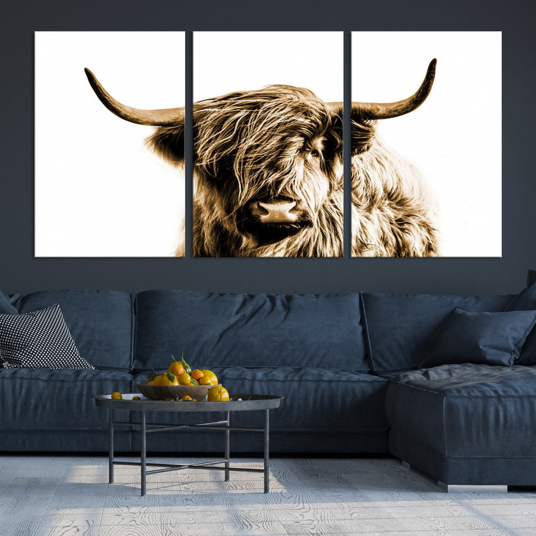 Sephia Highland Cow Canvas Wall Art Farmhouse Decor Cow Black White Print Rustic Wall Decor Animals Painting Scottish Cow Wall Art