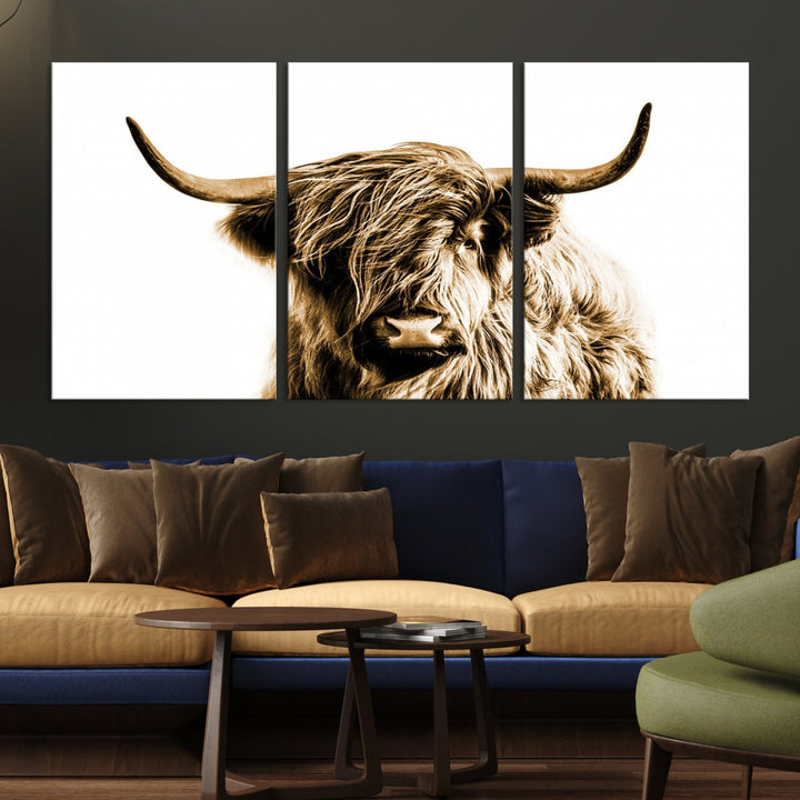 Sephia Highland Cow Canvas Wall Art Farmhouse Decor Cow Black White Print Rustic Wall Decor Animals Painting Scottish Cow Wall Art