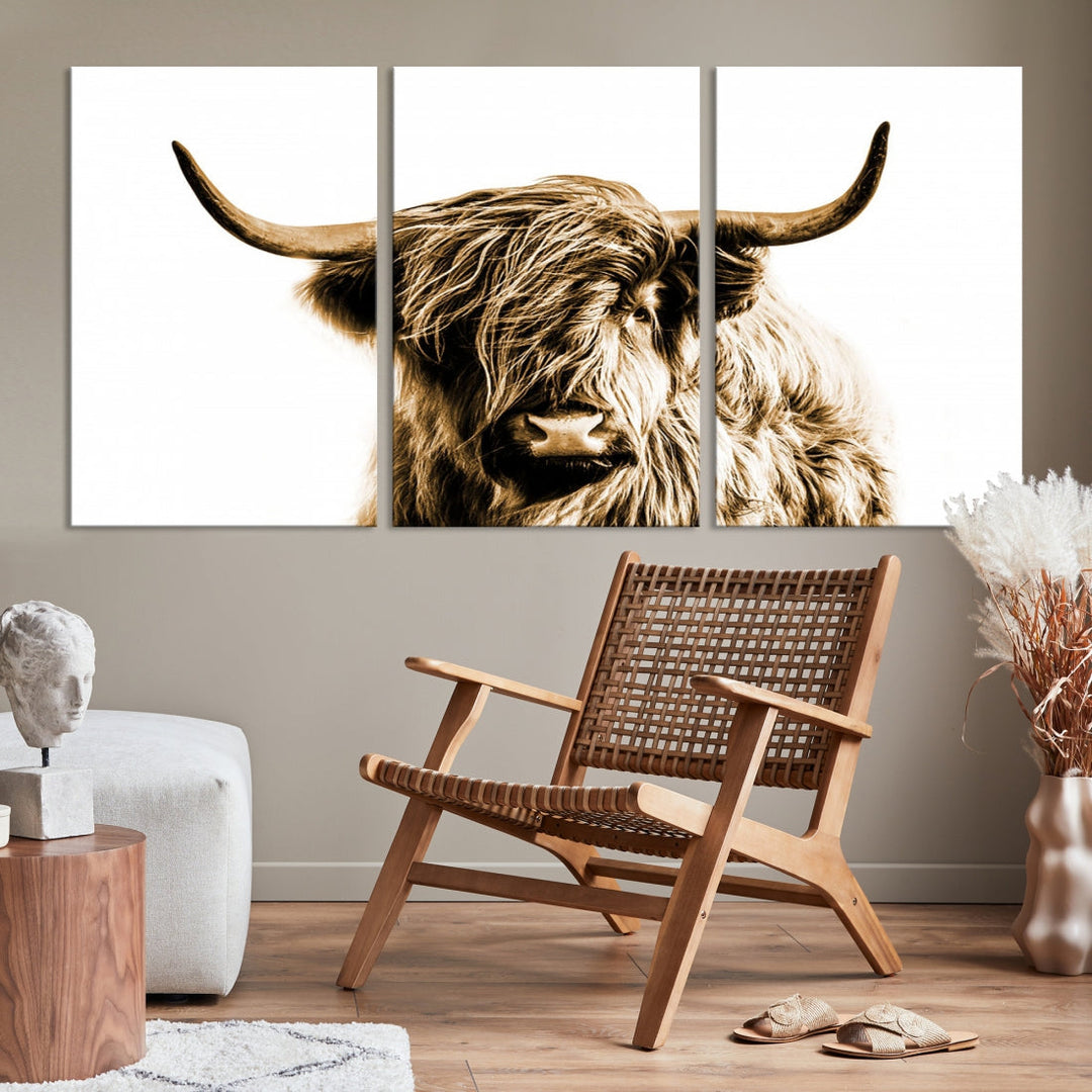 Sephia Highland Cow Canvas Wall Art Farmhouse Decor Cow Black White Print Rustic Wall Decor Animals Painting Scottish Cow Wall Art