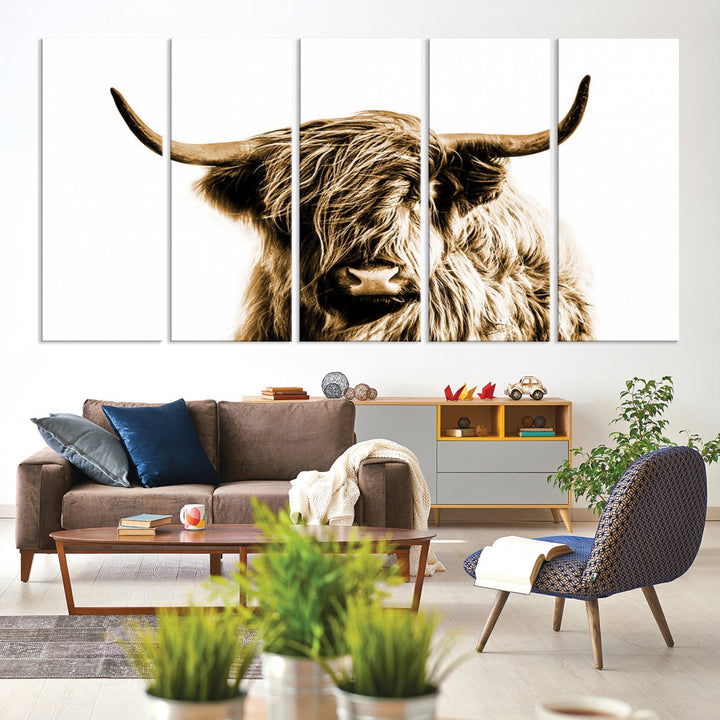 Sephia Highland Cow Canvas Wall Art Farmhouse Decor Cow Black White Print Rustic Wall Decor Animals Painting Scottish Cow Wall Art