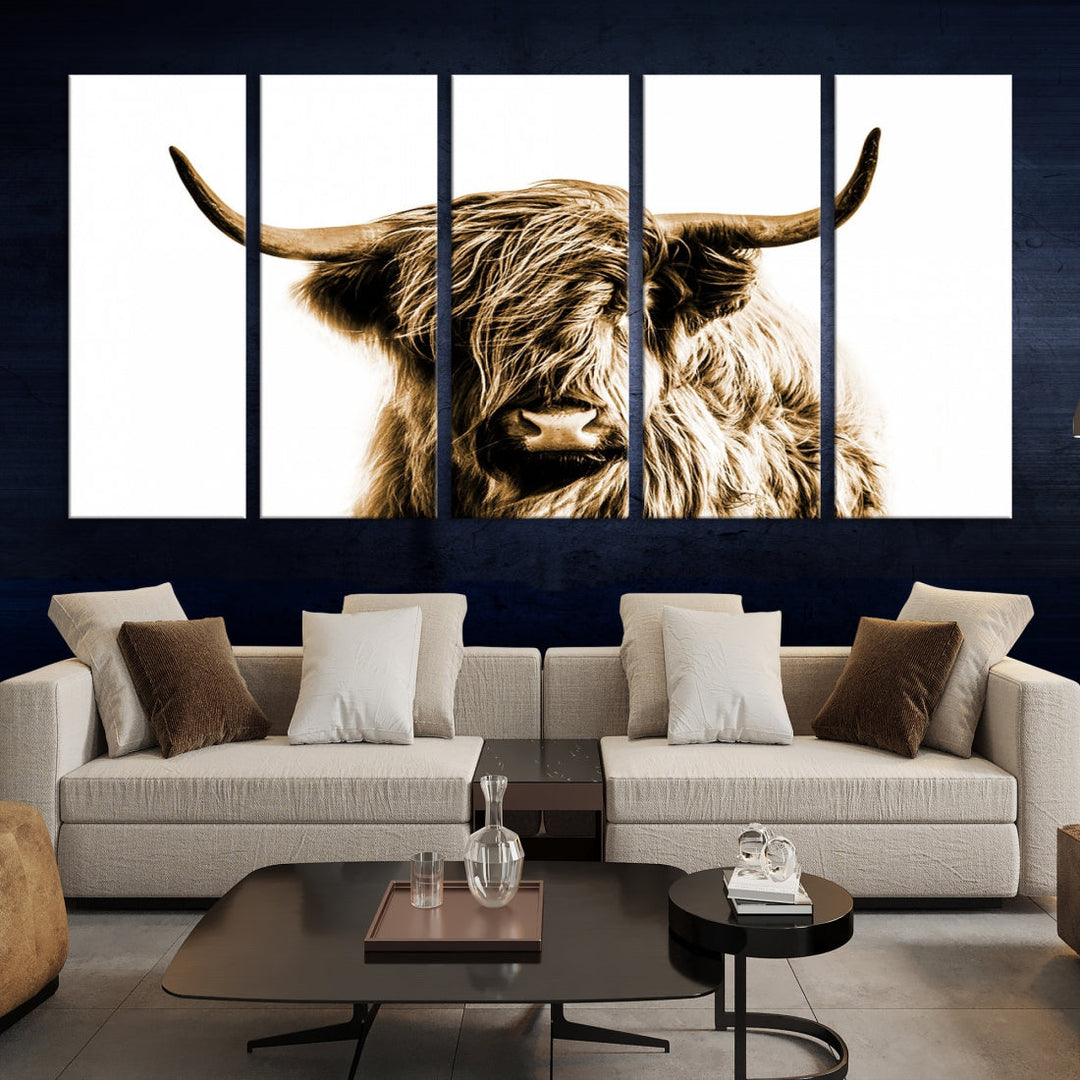 Sephia Highland Cow Canvas Wall Art Farmhouse Decor Cow Black White Print Rustic Wall Decor Animals Painting Scottish Cow Wall Art