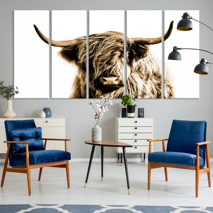 Sephia Highland Cow Canvas Wall Art Farmhouse Decor Cow Black White Print Rustic Wall Decor Animals Painting Scottish Cow Wall Art