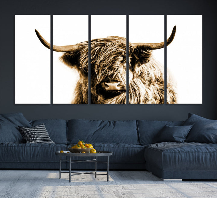 Sephia Highland Cow Canvas Wall Art Farmhouse Decor Cow Black White Print Rustic Wall Decor Animals Painting Scottish Cow Wall Art