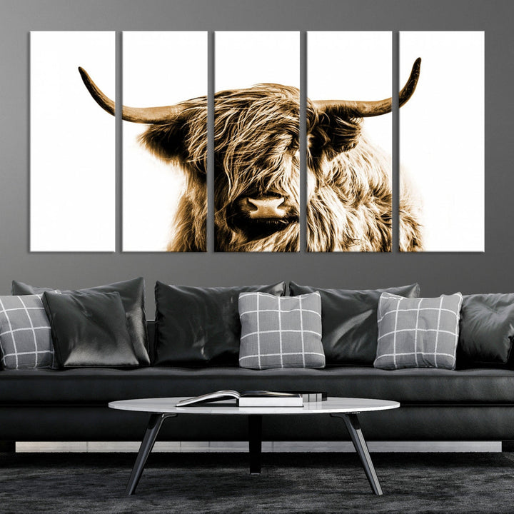 Sephia Highland Cow Canvas Wall Art Farmhouse Decor Cow Black White Print Rustic Wall Decor Animals Painting Scottish Cow Wall Art