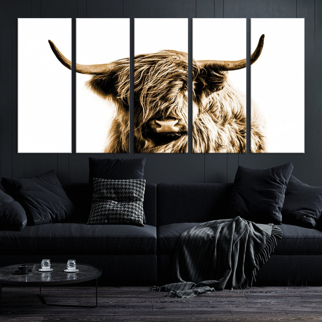 Sephia Highland Cow Canvas Wall Art Farmhouse Decor Cow Black White Print Rustic Wall Decor Animals Painting Scottish Cow Wall Art