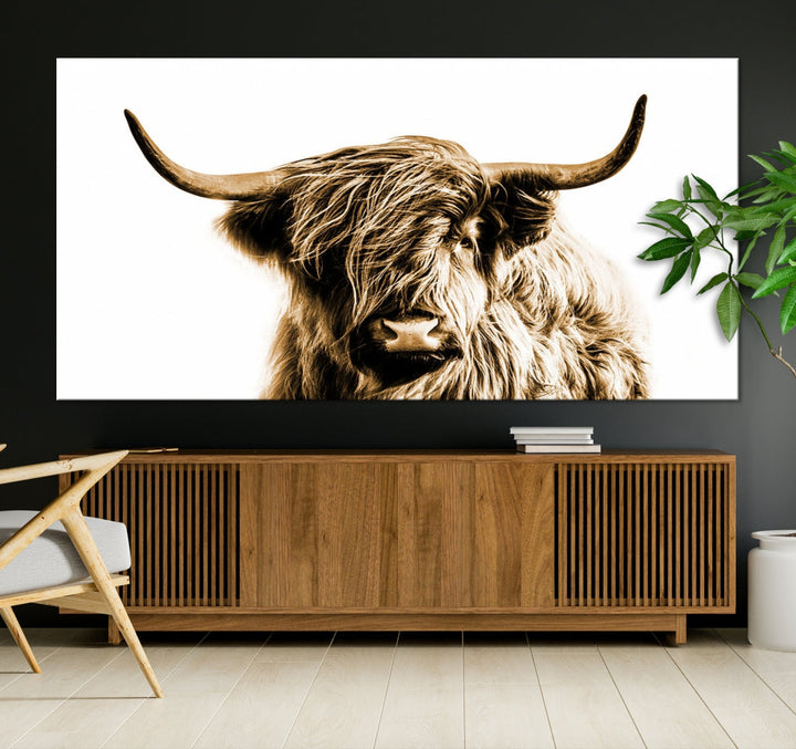 Sephia Highland Cow Canvas Wall Art Farmhouse Decor Cow Black White Print Rustic Wall Decor Animals Painting Scottish Cow Wall Art