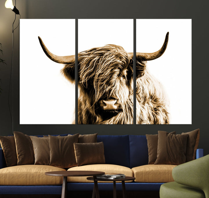 Sephia Highland Cow Canvas Wall Art Farmhouse Decor Cow Black White Print Rustic Wall Decor Animals Painting Scottish Cow Wall Art